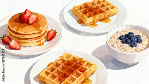 Breakfast dishes with pancakes waffles and oatmeal