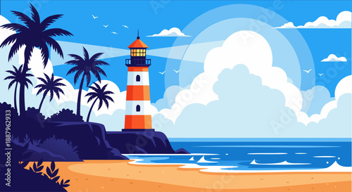 Lighthouse on a tropical beach with palm trees and calm ocean waves under a bright sky with clouds