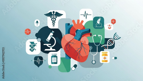Medical icons surround a human heart on a blue gradient background symbolizing healthcare and wellness concepts