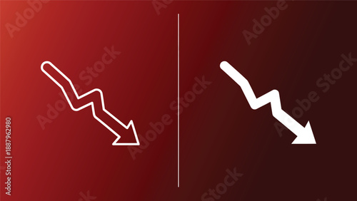 Two white downward trend arrows on contrasting red and dark backgrounds symbolizing decline or decrease