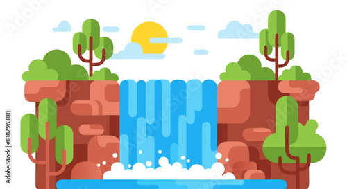 Beautiful flat design illustration of a waterfall cascading down rocky cliffs amidst greenery under a sunny sky