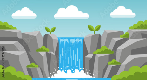 Beautiful illustration of a cascading waterfall surrounded by lush green vegetation and rocky cliffs, symbolizing nature's tranquility and scenic beauty