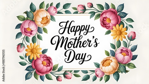 Happy mother's day floral greeting card with elegant peony and daisy wreath