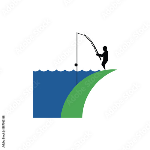 Minimalist Fisherman Silhouette Icon. Man Angling from a Green Bank into Blue Water. Graphic Design for Fishing Sports and Recreation.