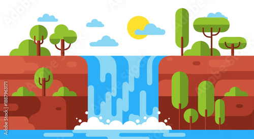 Beautiful Waterfall Landscape Illustration with Lush Green Trees and Sunny Sky