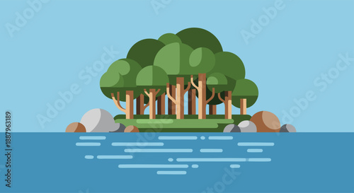 A secluded island with lush green trees and rocks surrounded by calm blue water, representing nature's tranquility