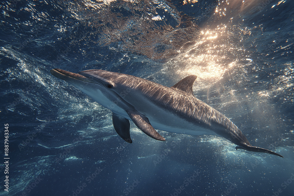 Fototapeta premium Underwater dolphin swimming in deep blue ocean with sunlight reflecting on water surface creating peaceful and natural marine scene