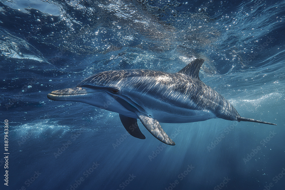 Fototapeta premium Underwater dolphin gliding effortlessly through ocean calm with sunlight reflecting on its smooth body creating peaceful and serene marine scene