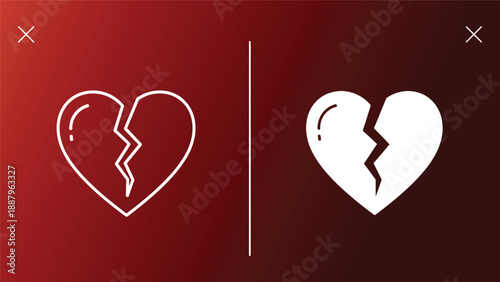 Broken hearts on contrasting red and black background with white line separating them symbolizing love and sorrow