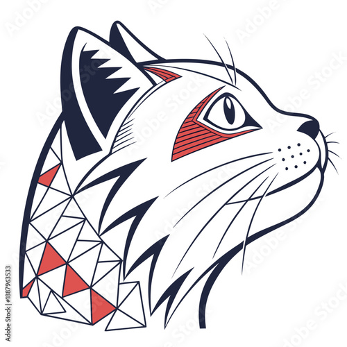 Simple geometric vector art of a cat face with pointy ears and whiskers using clean lines and bold shapes on a minimalist background