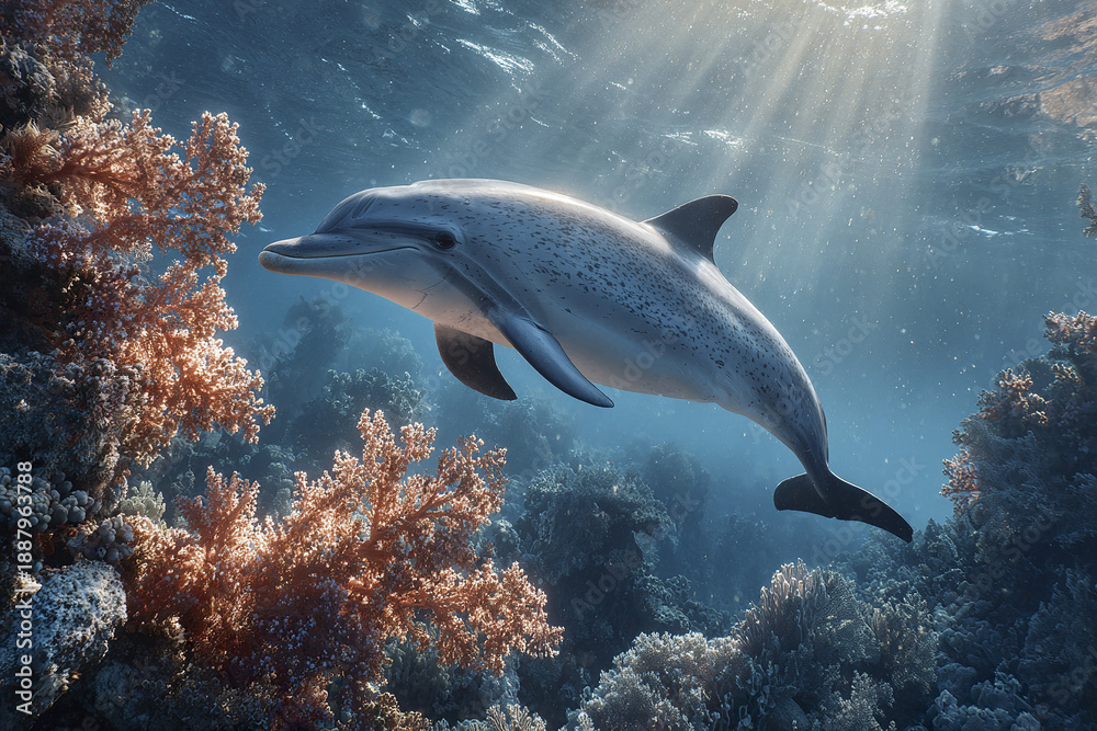 Fototapeta premium Underwater dolphin swimming near colorful coral reef with sunlight rays penetrating clear blue ocean water creating peaceful marine scene full of natural beauty and life
