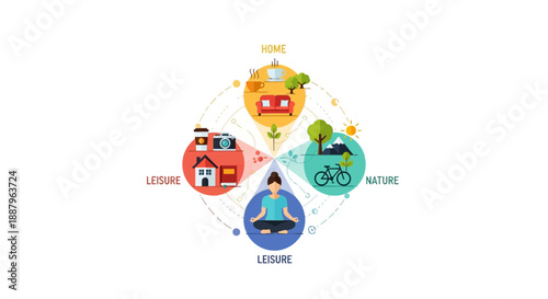 A circular diagram illustrating the balance between home, leisure, nature, and personal well-being through activities like yoga, cycling, and relaxation.