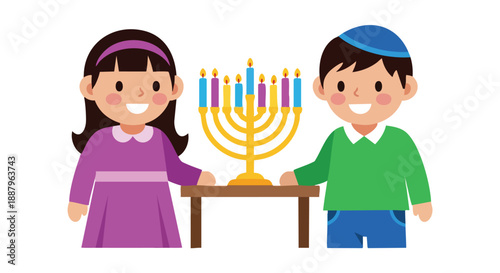 Happy Jewish children celebrating Hanukkah with a menorah vector illustration on a clean white background for holiday designs