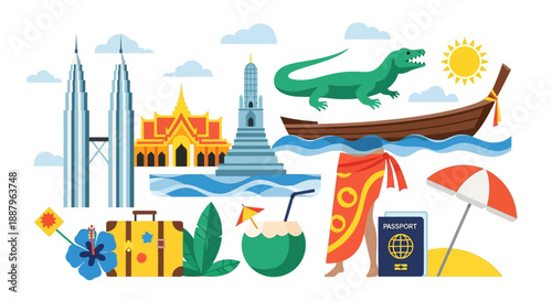 Vibrant illustration of iconic Southeast Asian landmarks and travel elements, including skyscrapers, temples, a longtail boat with a monitor lizard, tropical drinks, and beach accessories.