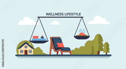 Illustration of a balanced scale representing a wellness lifestyle with elements of home, relaxation, and healthy food.
