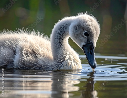 Close-up of a cygnet with gray plumage dipping its beak into water, creating ripples. The background is softly blurred