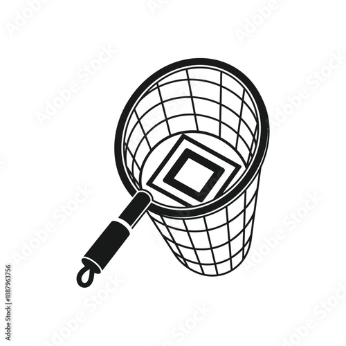 Data Capture Net Icon. Simple black and white vector illustration of a scoop net catching a square target, symbolizing goal acquisition, securing information, or targeted search.