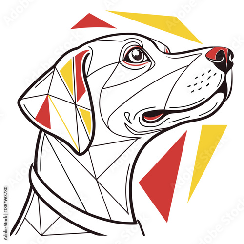 Simple geometric vector art of a stylized dog face with clean lines and bold shapes on a minimalist white background
