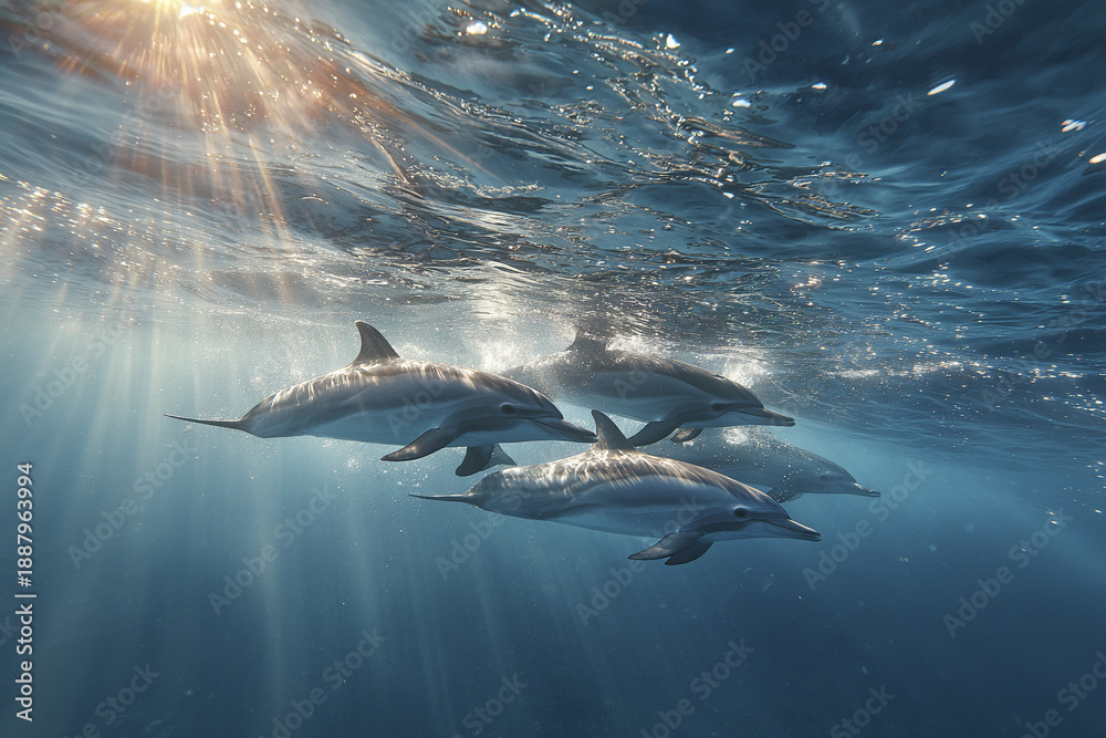 Fototapeta premium Underwater dolphins swimming together in pod with sunlight rays penetrating ocean surface, creating peaceful and natural marine scene