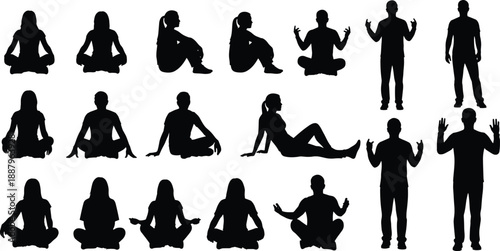 Meditation and yoga people silhouette collection with men and women in seated poses, mindfulness relaxation and wellness practice isolated vector