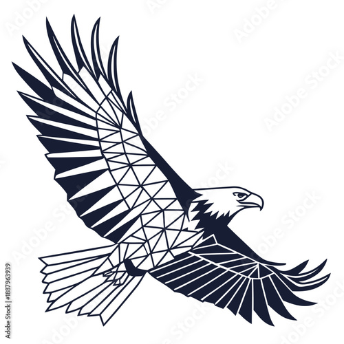 Geometric vector art of a stylized eagle flying with wings spread in a modern and clean minimalist design on a white background