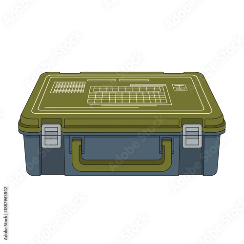 Rugged Military Style Utility Storage Box Illustration. Heavy-Duty Tactical Equipment Case Vector Drawing Isolated on White.