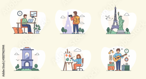 A collection of six illustrations featuring people engaged in various hobbies, work, and travel, alongside famous global landmarks.
