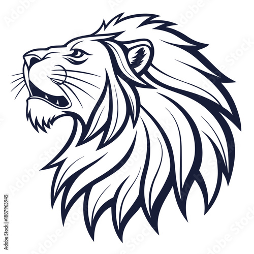 Flat vector design of a stylized lion head and mane with bold simple lines and a clean aesthetic for a modern logo or icon