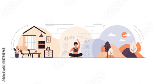 Illustration depicting a balanced lifestyle with home activities, leisure pursuits, and connection with nature.