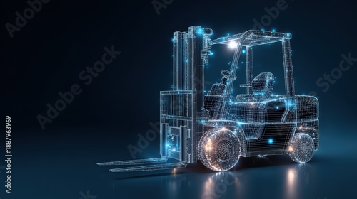 wireframe forklift with holographic elements on a dark blue background