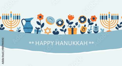 Festive Hanukkah Illustration with Menorahs Dreidels Donuts and Gifts Celebrating Holiday Joy and Traditions