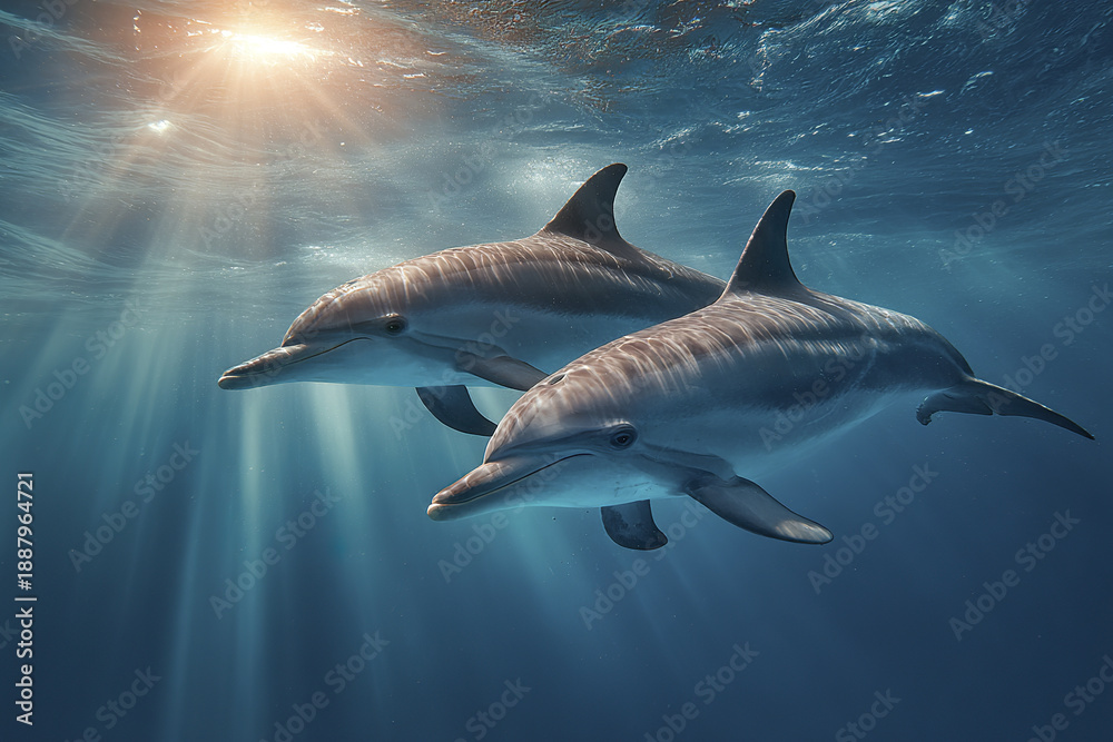 Fototapeta premium Underwater scene of two dolphins swimming side by side with sunlight rays penetrating ocean, creating peaceful and serene marine atmosphere