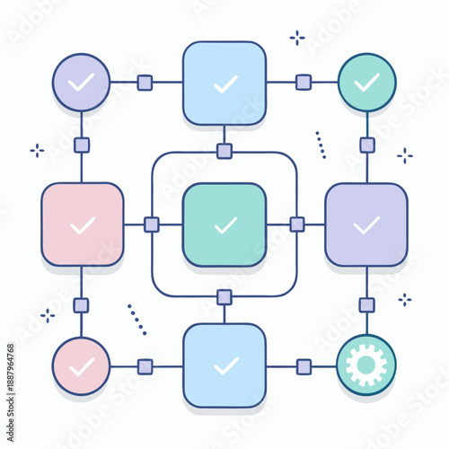 Create a flat minimalist vector illustration of a workflow process diagram with geometric shapes and checkmarks in a modern digital environment from a top-down viewpoint