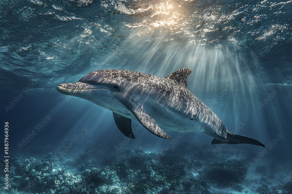 Fototapeta premium Underwater wildlife photo of dolphin cruising calmly with sunlight rays penetrating ocean surface, illuminating marine life and coral reef below in serene blue environment