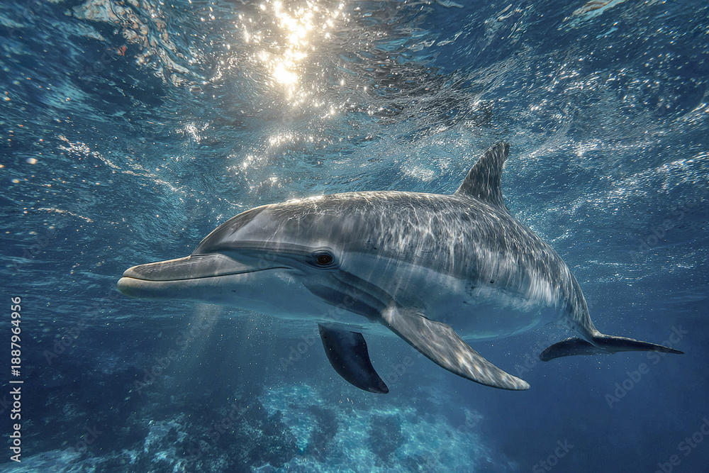 Naklejka premium Underwater dolphin swimming in clear blue ocean water with sunlight reflecting on its body creating calm and peaceful marine wildlife scene