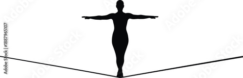 Human balance silhouette standing on tightrope with arms outstretched, minimal concept of stability, risk, focus and equilibrium isolated