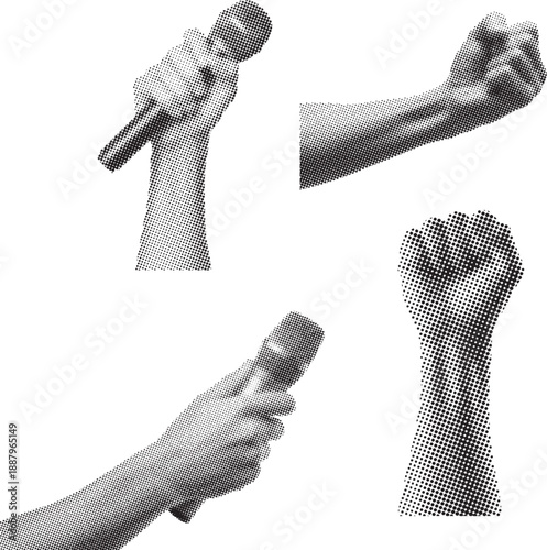 Hands holding microphones and raised fists in halftone dot style.