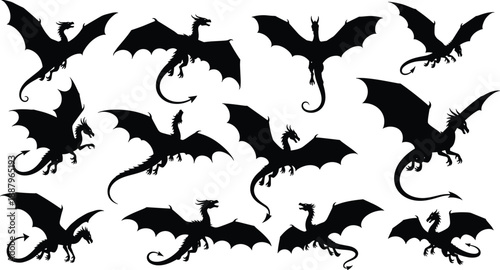 Black dragon silhouette collection with flying fantasy creatures, winged mythological beasts poses isolated on white background vector set