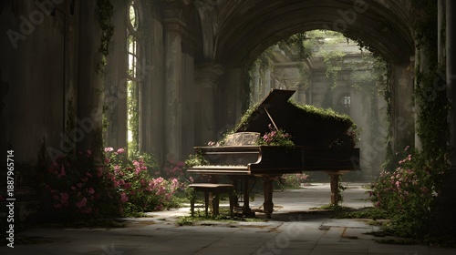 Forgotten Melody: An abandoned grand piano, draped in verdant moss and surrounded by delicate wildflowers, rests in the hushed grandeur of an ancient, crumbling hall.