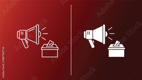 Voting and public speaking icons with megaphones and ballot boxes on red background symbolizing democracy and free speech