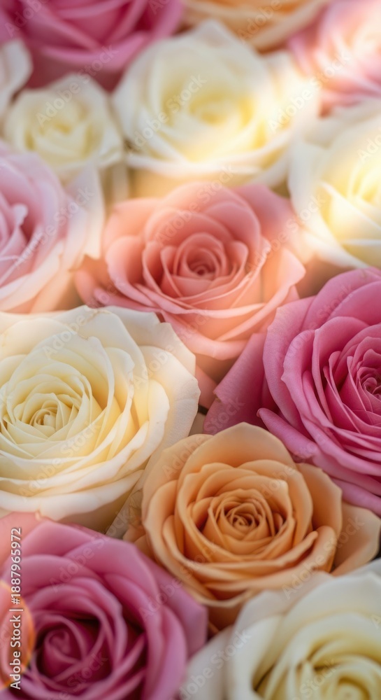 Fototapeta premium A beautiful arrangement of pastel roses in various shades of pink, peach, and white.