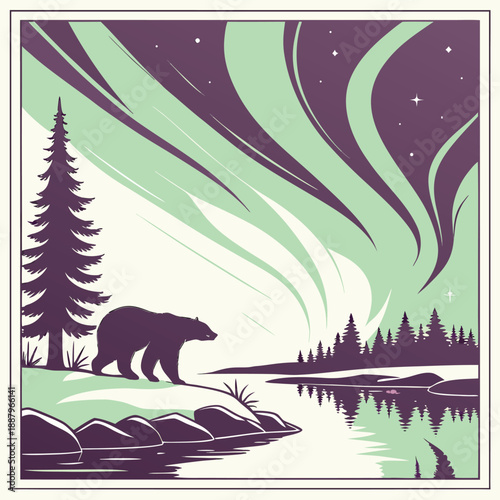 Flat vector illustration of the colorful aurora borealis northern lights over a frozen winter lake with ice and stars at night