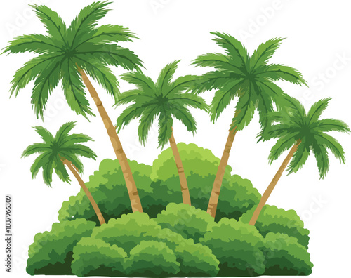 Cartoon palm trees on green bushy island tropical