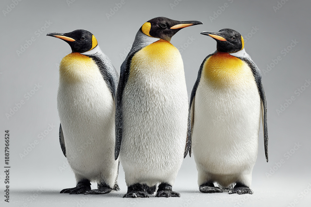 Fototapeta premium Three emperor penguins standing upright with smooth white and black feathers and bright yellow markings on necks, showing natural animal beauty and calm posture in studio setting