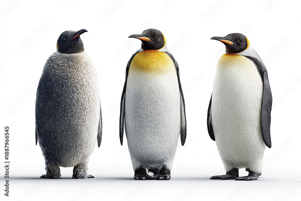 Fototapeta premium Three emperor penguins standing upright with wet feathers on white background, showing their distinctive black, white, and yellow coloring in calm and natural pose