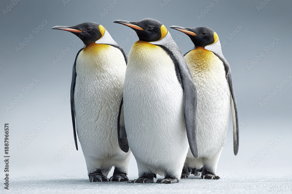 Obraz premium Three emperor penguins standing upright on icy surface with soft gray background, showing detailed feathers and calm natural expression in cold environment