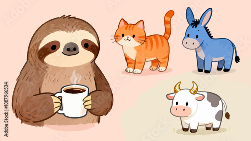 Cute animals with coffee cup