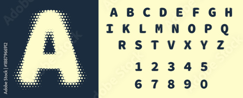 Halftone bitmap font. Blurred alphabet with dots. Vintage Halftone Display Font alphabet collection, vector. Retro 70s and 80s halftone dots in black and white alphabets. Halftone alphabet, number