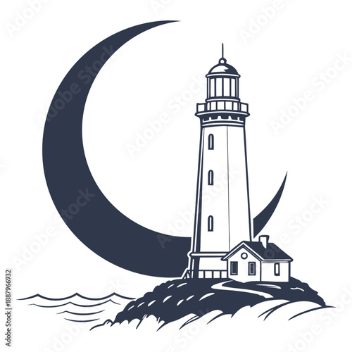 Flat vector illustration of a crescent moon in the night sky above a single lighthouse on a rocky shore by the sea