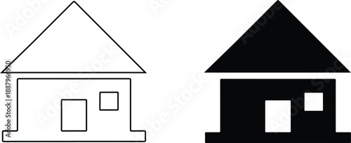 A simple outline and solid black silhouette of a house icon with a pitched roof and chimney